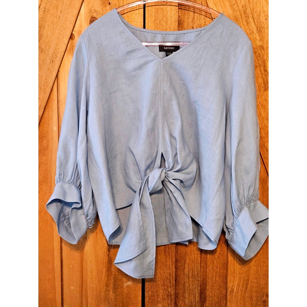 Karen Kane 100% Linen Tie Front Top XL Blue V-Neck Blouson Sleeve Blouse #799